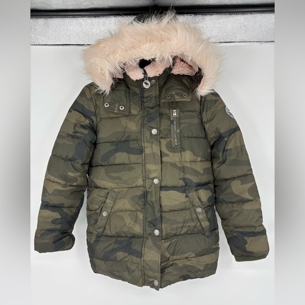 Abercrombie Kids Camouflage Puffer Jacket with Pink Faux Fur Lining
